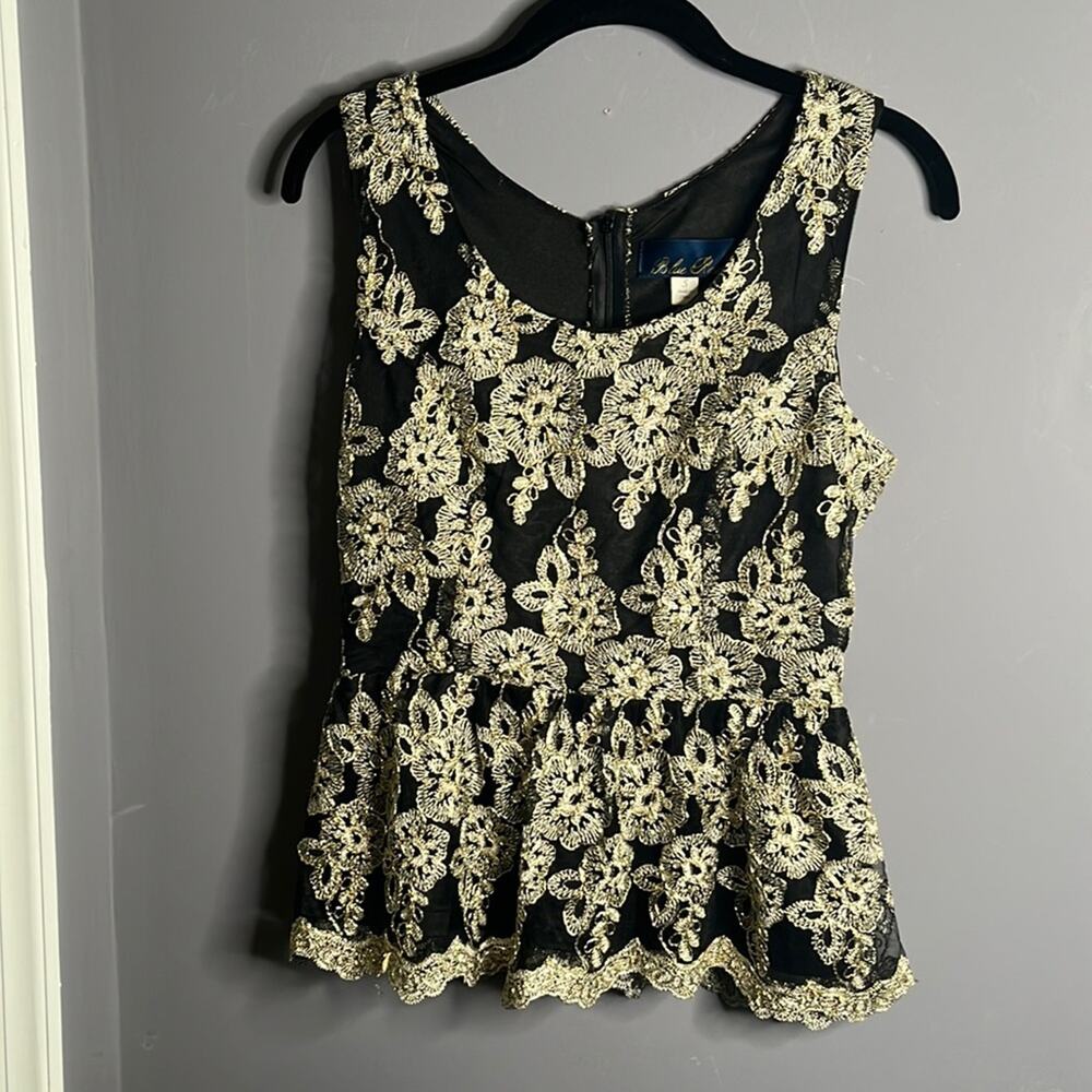 Blue Rain Black Gold Beaded Peplum Top Small